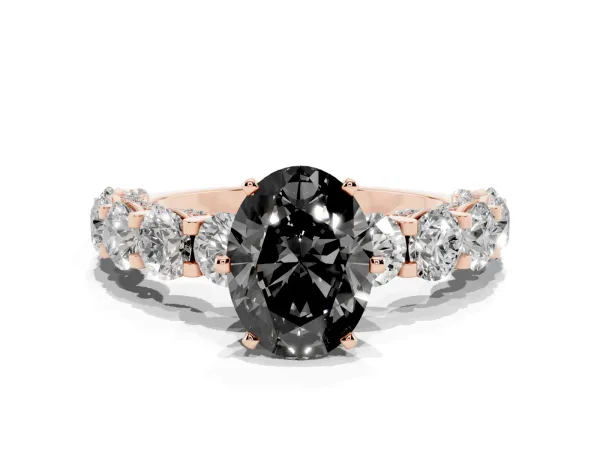 Fancy Black Oval Cut Diamond Side Stone Engagement Ring with Four-Prong Setting Rose gold