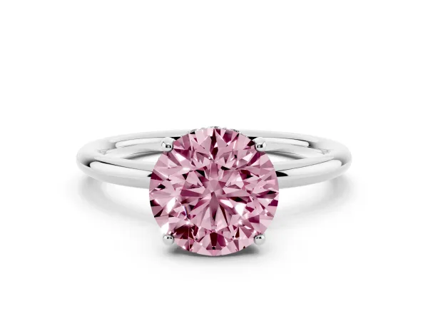 Fancy Pink Round Cut Solitaire Diamond Ring with a Classic Band and Four-Prong Setting Platinum