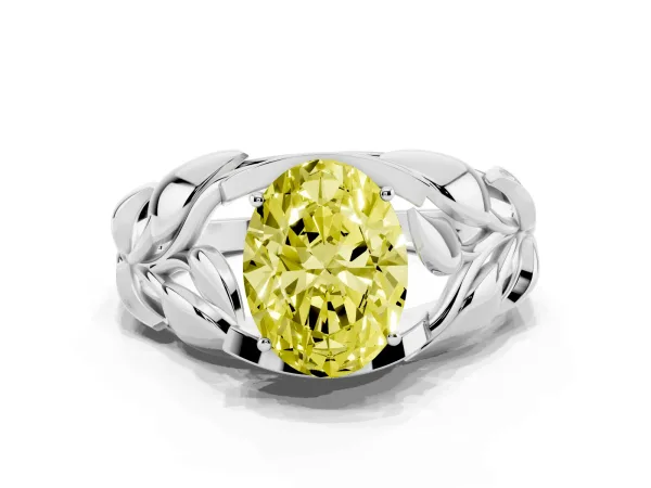 Fancy Yellow Oval Cut Diamond Leaf-Inspired Engagement Ring with Round Accents and Prong Setting Platinum