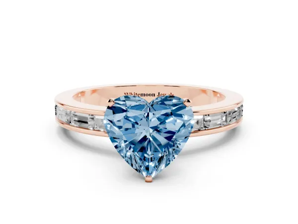 Fancy Blue Heart Cut Solitaire Diamond Ring with Channel-Set Baguette Band and Four-Prong Setting Rose gold