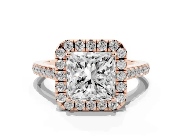 Princess Cut Halo Pavé Diamond Engagement Ring with Four-Prong Setting Rose gold