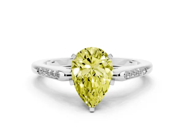 Fancy Yellow Pear Cut Diamond Solitaire Ring with Channel Set Round Band and Prong Setting White gold