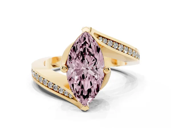 Fancy Pink Marquise Cut Solitaire Diamond Twist Band with Pavé Setting and Four-Prong Setting Yellow gold