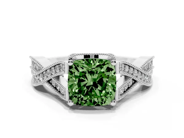 Fancy Green Cushion Cut Cut Diamond Twisted Band with Milgrain Pave Setting and Four-Prong Setting Platinum