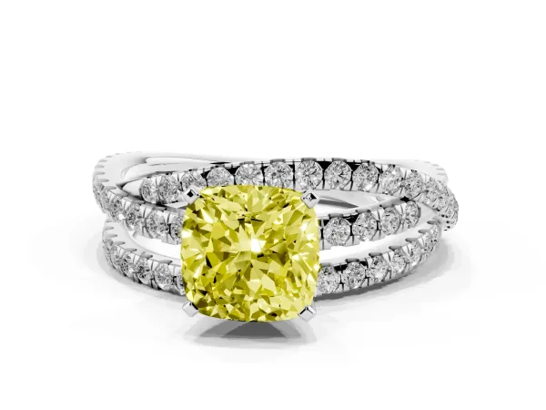 Fancy Yellow Cushion Cut Solitaire Twist Band with Pavé Setting and Four-Prong Setting White gold