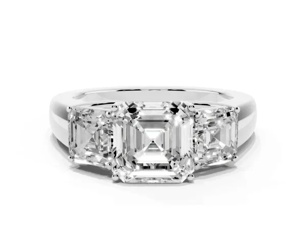 Three-Stone Asscher Cut Cut Diamond Ring with Prong Setting and Classic Band Platinum