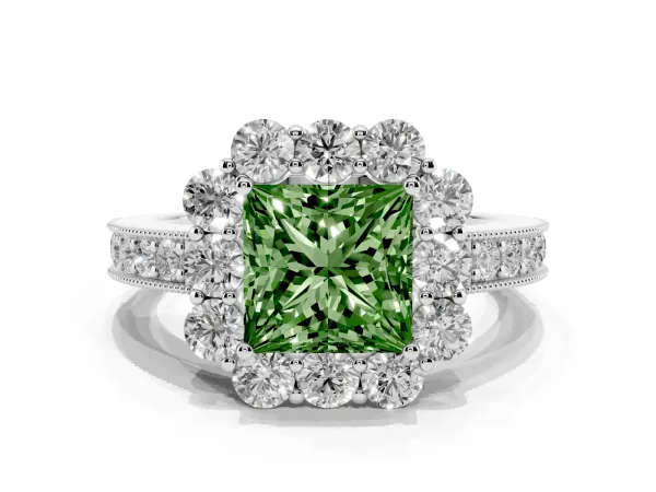 Fancy Green Princess Cut Cut Halo Diamond Pavé Engagement Ring with Milgrain Detailing Platinum
