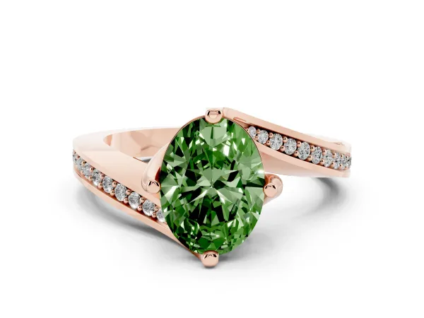 Fancy Green Oval Cut Solitaire Diamond Twist Band with Pavé Setting and Four-Prong Setting Rose gold