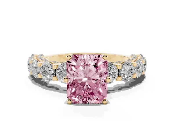 Fancy Pink Radiant Cut Diamond Side Stone Engagement Ring with Four-Prong Setting Yellow gold