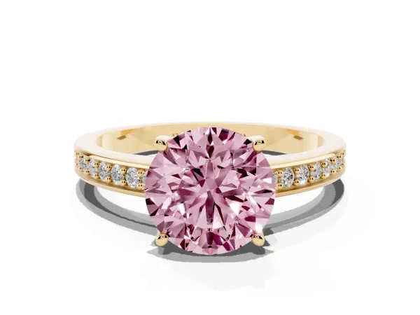 Fancy Pink Round Cut Solitaire Pavé Band Prong Setting Ring Yellow gold