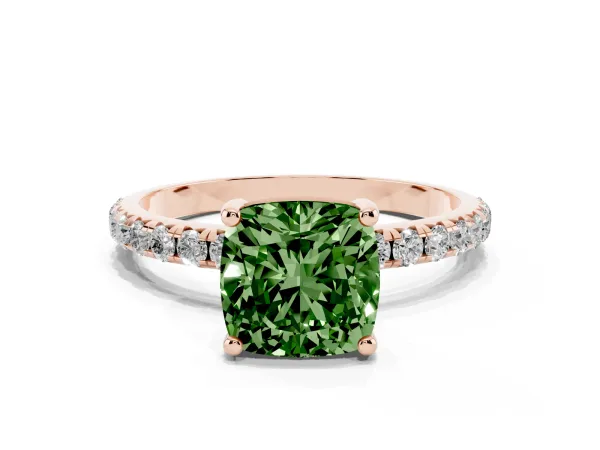 Fancy Green Cushion Cut Cut Diamond Solitaire Ring with Micro Pave Band and Four Prong Setting Rose gold