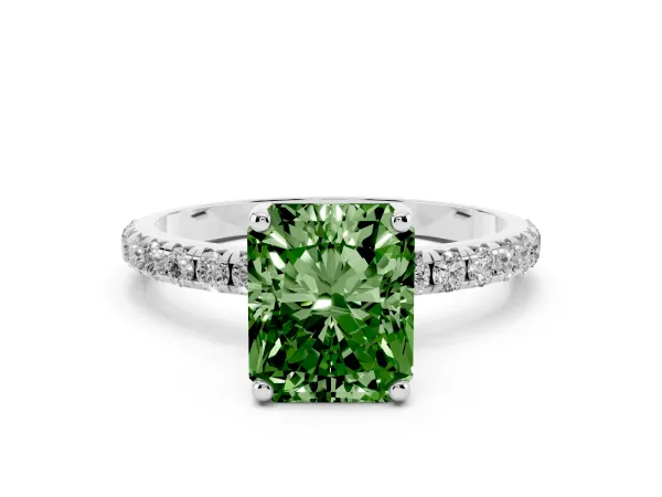 Fancy Green Radiant Cut Cut Diamond Solitaire Ring with Micro Pave Band and Four Prong Setting White gold