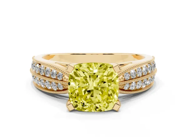 Fancy Yellow Cushion Cut Diamond Solitaire Ring with Milgrain Round Pavé Band and Prong Setting Yellow gold