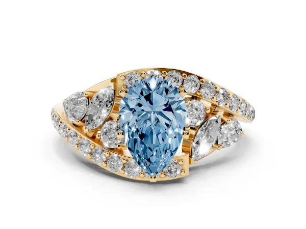 Fancy Blue Pear Cut Diamond Halo Ring with Marquise and Pavé Band in Prong Setting Yellow gold