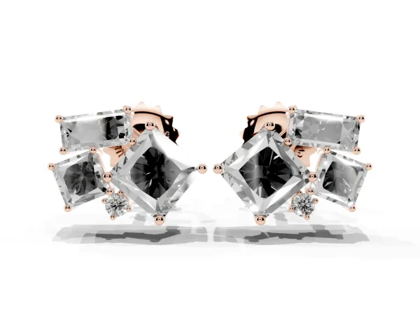 Baguette and Princess Diamond Mosaic Abstract Stud Earrings Rose gold