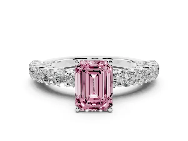 Fancy Pink Emerald Cut Diamond Solitaire Ring with Shared Prong Pavé Band and Four-Prong Setting Platinum