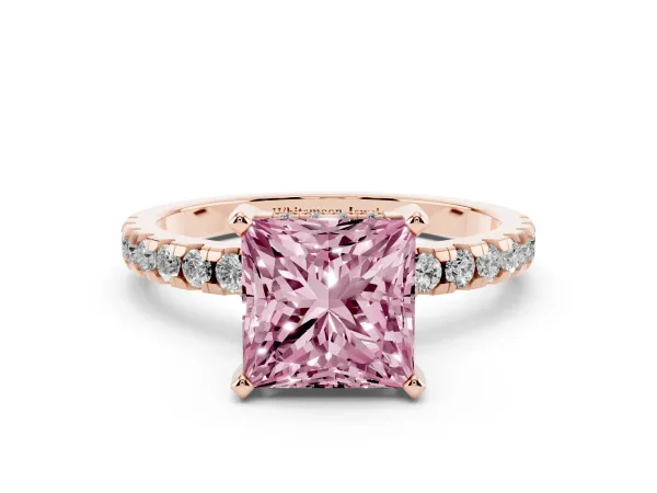 Fancy Pink Princess Cut Diamond Solitaire Ring with Round Pavé Band and Four-Prong Setting Rose gold