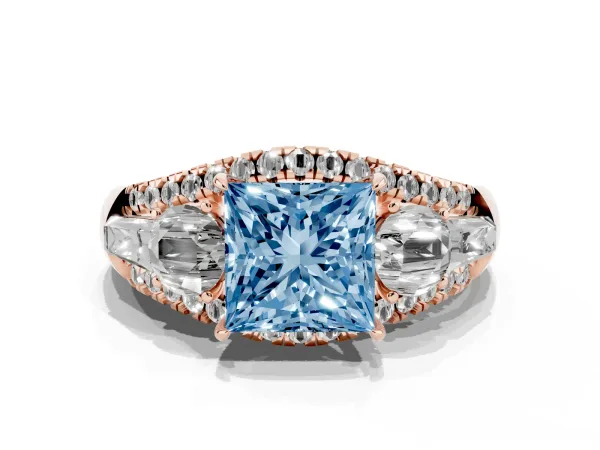 Fancy Blue Three-Stone Princess Cut Diamond Engagement Ring with Pave Band and Prong Setting Rose gold