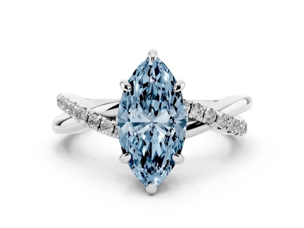 Fancy Blue Marquise Cut Cut Diamond Twist Band Solitaire with Prong Setting White gold