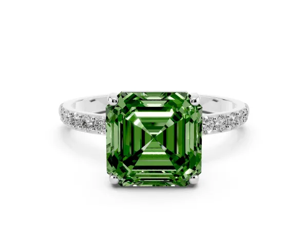 Fancy Green Asscher Cut Diamond Solitaire Ring with Round Pavé Band and Prong Setting Platinum