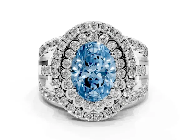 Fancy Blue Oval Cut Diamond Double Halo Ring with Round Pavé Split Shank and Prong Setting White gold
