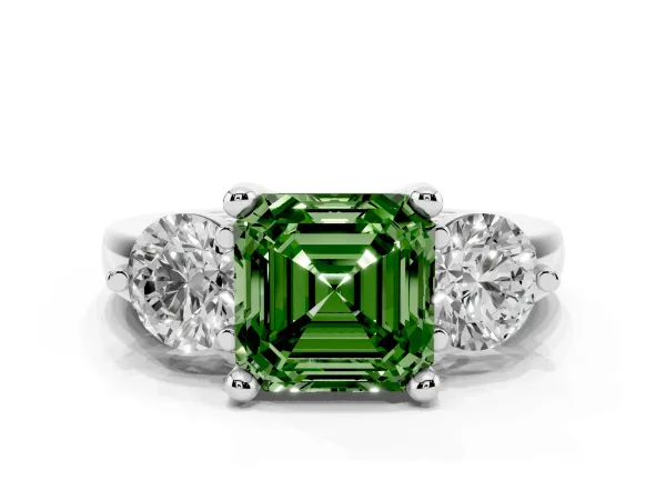 Fancy Green Three-Stone Asscher Cut Brilliant Cut Solitaire Ring with Prong Setting on a Classic Band White gold
