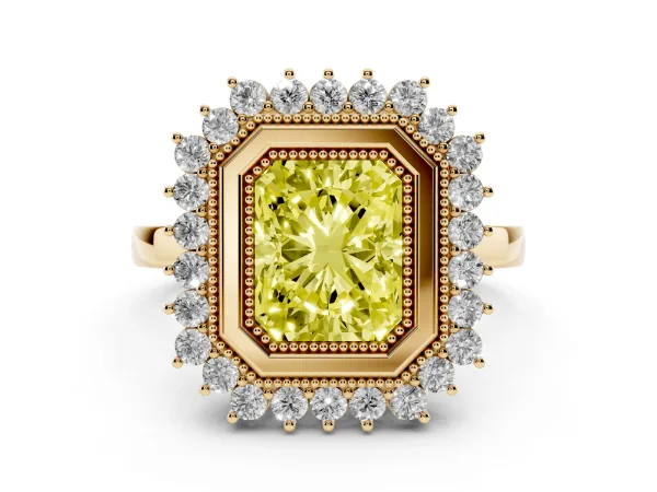 Fancy Yellow Radiant Cut Halo Diamond Ring with Milgrain Edge and Round Prong Setting Yellow gold