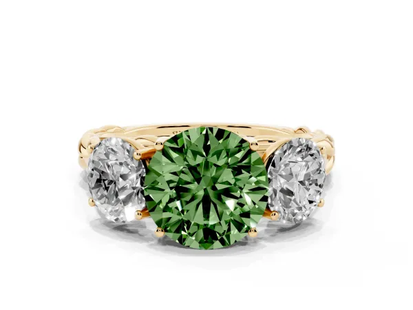 Fancy Green Three-Stone Round Cut Diamond Braided Band Ring with Four-Prong Setting Yellow gold
