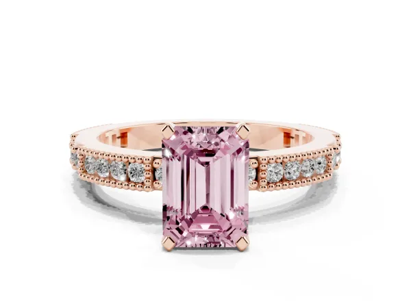 Fancy Pink Emerald Cut Solitaire with Pavé Band and Four-Prong Setting Rose gold