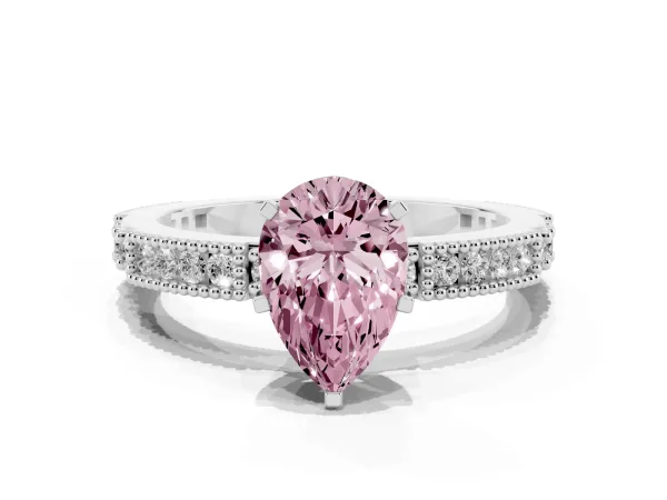Fancy Pink Pear Cut Solitaire with Pavé Band and Four-Prong Setting Platinum