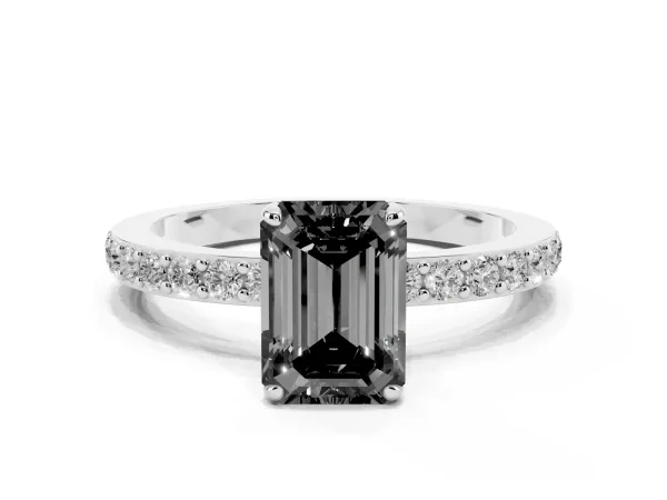 Fancy Black Emerald Cut Diamond Solitaire Engagement Ring with Pavé Band and Four-Prong Setting Platinum
