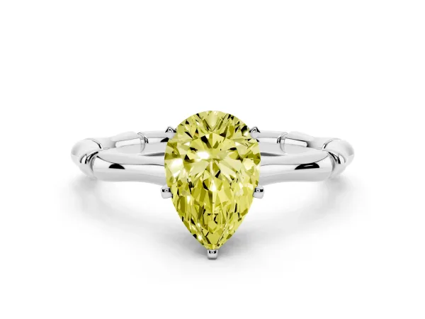 Fancy Yellow Pear Cut Solitaire Diamond Ring with Bamboo Band and Four-Prong Setting White gold