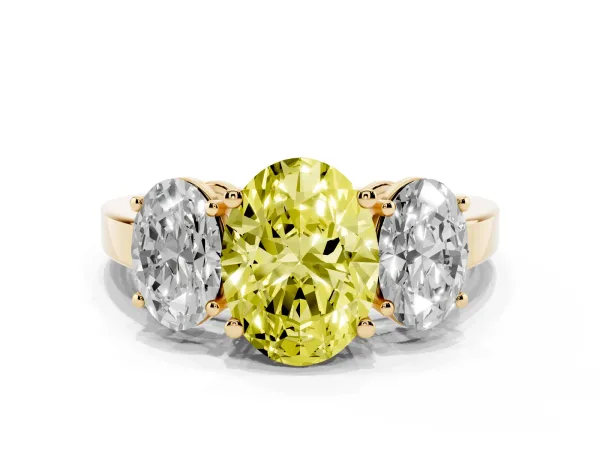 Fancy Yellow Three-Stone Oval Cut Cut Diamond Engagement Ring with Flat Band and Four-Prong Setting Yellow gold