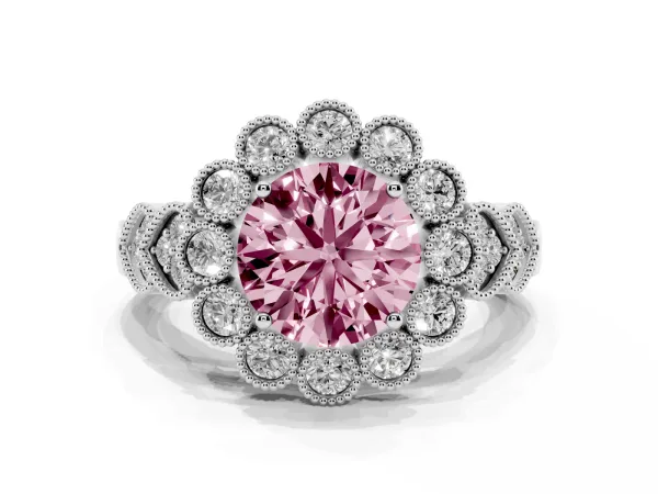 Fancy Pink Round Cut Brilliant Milgrain Pave Heart Band Solitaire Ring Platinum