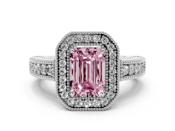 Fancy Pink Emerald Cut Cut Halo Diamond Ring with Pavé Band and Four-Prong Setting Platinum