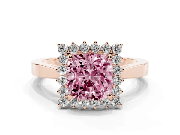 Fancy Pink Cushion Cut Cut Diamond Halo Ring with Round Brilliant Halo and Solitaire Band Rose gold