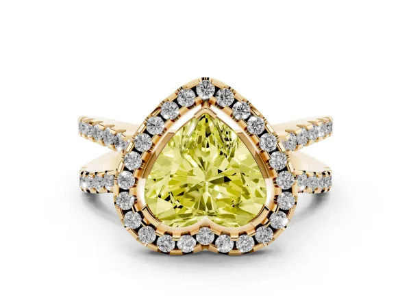 Fancy Yellow Heart Cut Diamond Halo Ring with Split Shank Pavé Band and Prong Setting Yellow gold