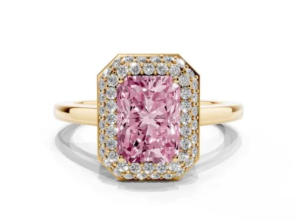 Fancy Pink Radiant Cut Halo Diamond Engagement Ring with Solitaire Band and Four-Prong Setting Yellow gold