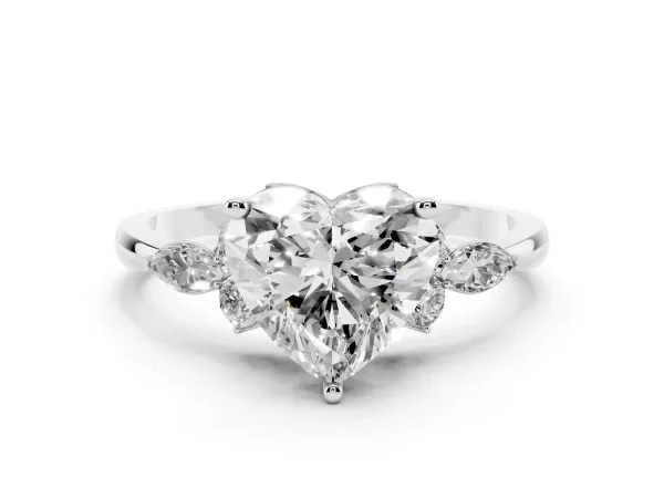 Heart Cut Brilliant Diamond Solitaire Ring with Pear Side Stones and Four-Prong Setting White gold