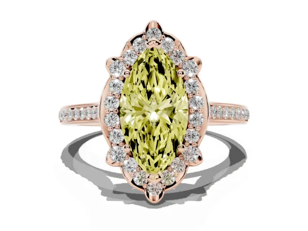 Fancy Yellow Marquise Cut Halo Round Diamond Pave Band with Four-Prong Setting Rose gold