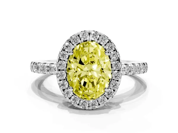 Fancy Yellow Oval Cut Halo Diamond Engagement Ring with Pavé Band and Four-Prong Setting Platinum