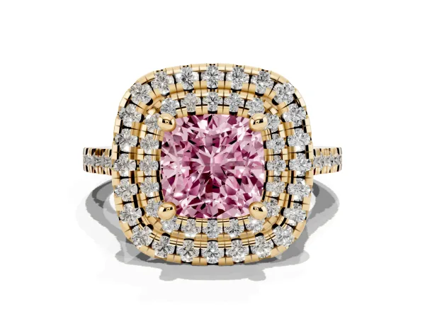 Fancy Pink Double Halo Cushion Cut Diamond Pavé Band with Four-Prong Setting Yellow gold