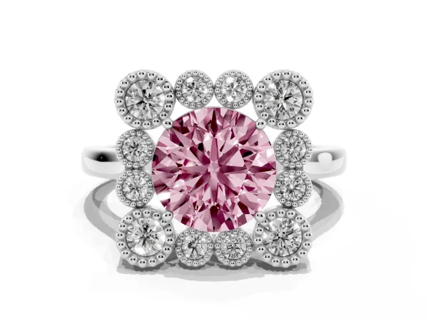 Fancy Pink Round Cut Halo Diamond Cluster Engagement Ring with Milgrain Bezel Setting and Solitaire Band Platinum