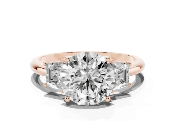 Round Cut Diamond Three-Stone Ring with Trapezoid Side Stones and Prong Setting Rose gold