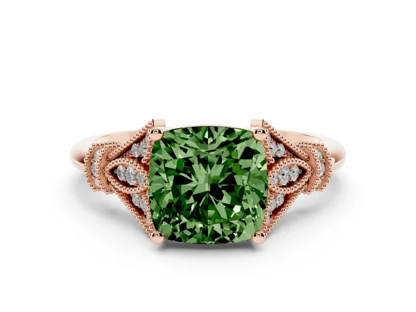 Fancy Green Cushion Cut Diamond Solitaire Ring with Floral Filigree and Pave Accents Rose gold