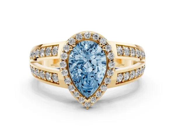 Fancy Blue Pear Cut Diamond Halo Ring with Split Shank Pavé Band and Four-Prong Setting Yellow gold
