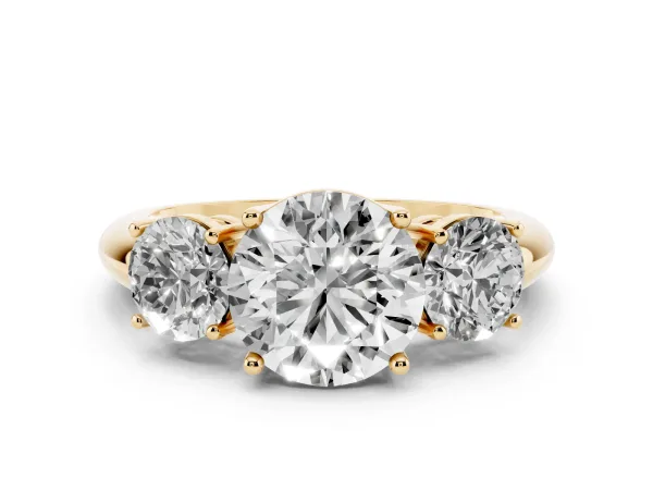 Three-Stone Round Cut Cut Diamond Engagement Ring with Prong Setting on a White Gold Band Yellow gold