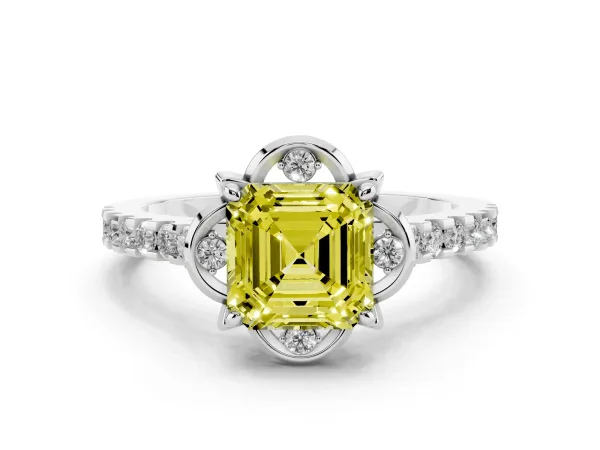 Fancy Yellow Asscher Cut Diamond Ring with Pavé Band and Floral Prong Setting Platinum