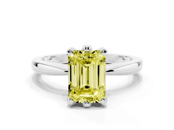 Fancy Yellow Emerald Cut Solitaire Engagement Ring with Six-Prong Setting and Tapered Band Platinum