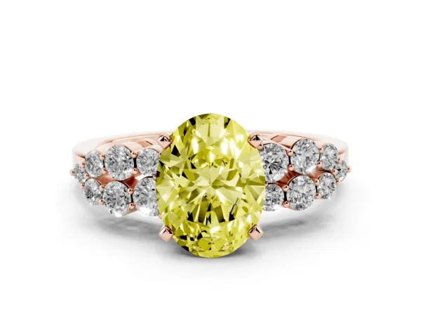 Fancy Yellow Oval Cut Cluster Diamond Engagement Ring with Pavé Band and Four-Prong Setting Rose gold